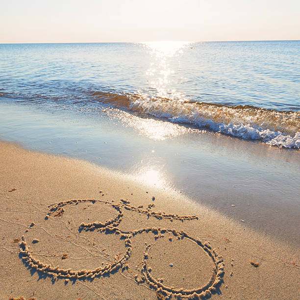 Om symbol in the sand by the ocean