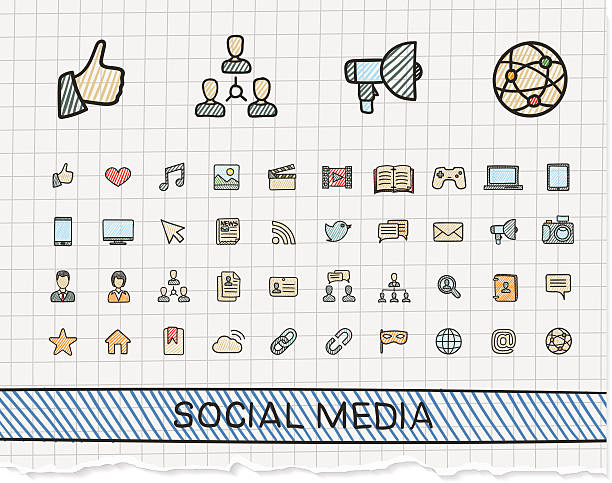 social-media-hand zeichnung linie-icons. vektor doodle pictogram set - connection in a row striped globe stock-grafiken, -clipart, -cartoons und -symbole