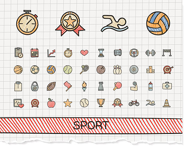 ilustrações, clipart, desenhos animados e ícones de linha de desenho à mão com ícones do esporte. conjunto de doodle vetor pictogram - tennis child white background sport