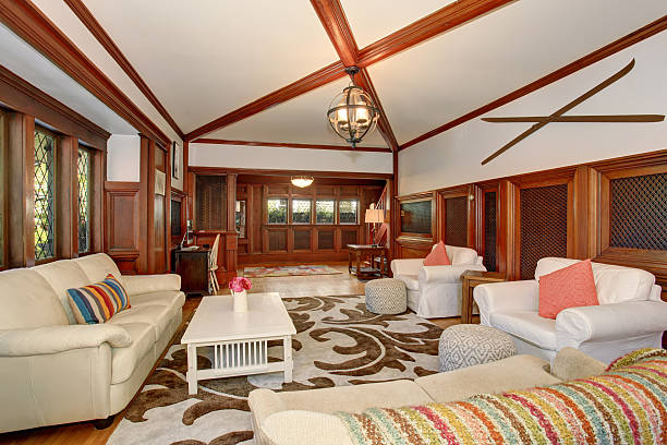 istock Authenic living room with brown and white decorative rug. 484097144