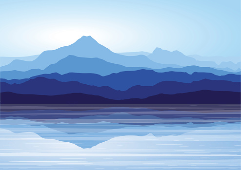 Landscape with huge blue mountains with reflection in lake. Vector illustration. 