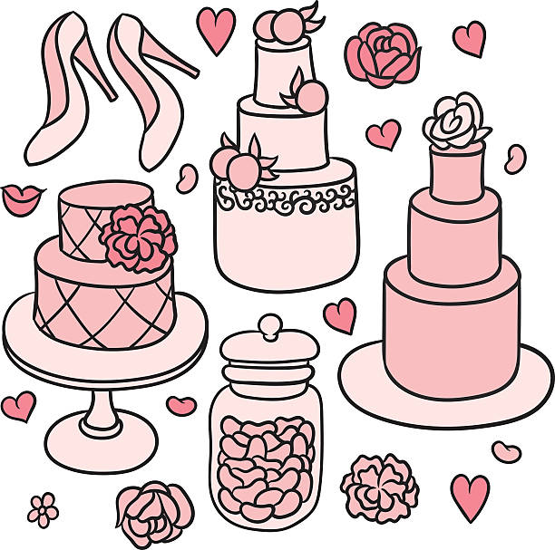 sweet romantic wedding stuff flowers, shoes, cakes and hearts - sweet romantic wedding stuff in cute doodle naive style bachelor and bachelorette parties stock illustrations