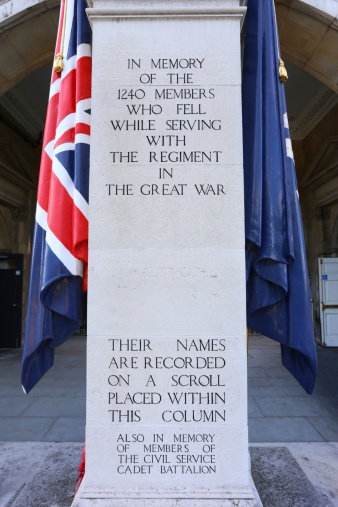 London, England - July 28th, 2013 : The London Regiment war memorial at Somerset House. The London Regiment saw action at Ypres, the somme, Gaza, Jerusalem and took part in a number of other battles. 