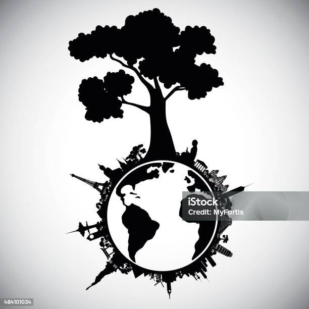 Wonder Place Around The World Under The Tree Stock Illustration - Download Image Now - Globe - Navigational Equipment, World Map, 2015