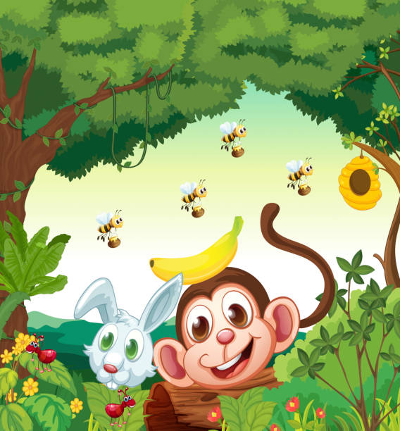 森林、ハッピーな動物 - monkey tropical rainforest banana ant点のイラスト素材／クリップアート素材／マンガ素材／アイコン素材