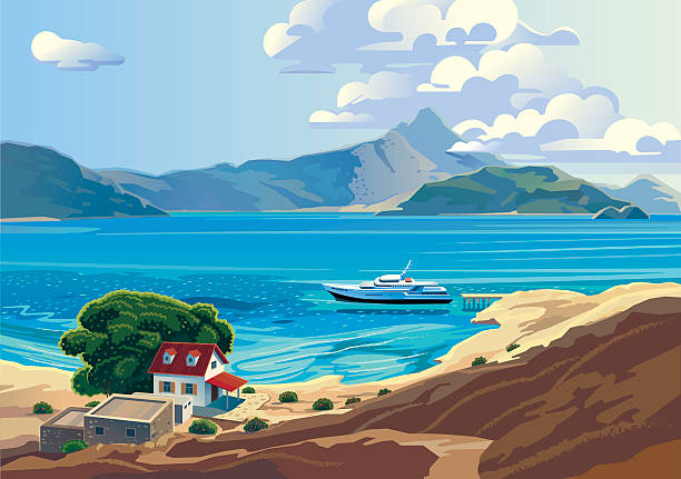 Marine landscape. Seascape with yacht and countryside home. Presumably the Mediterranean. No gradient mesh and other effects. sand river stock illustrations
