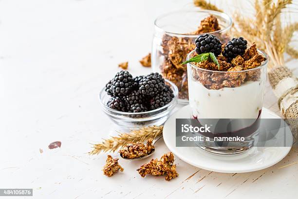 Breakfast Granola Yogurt Berries Wheat Stock Photo - Download Image Now - 2015, Backgrounds, Berry Fruit