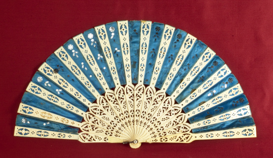 Old blue and white ivory hand fan