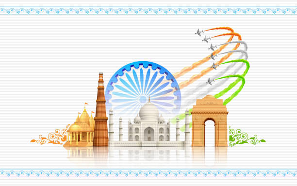 India Background illustration of airplane making Indian flag on monument backdrop republic day stock illustrations