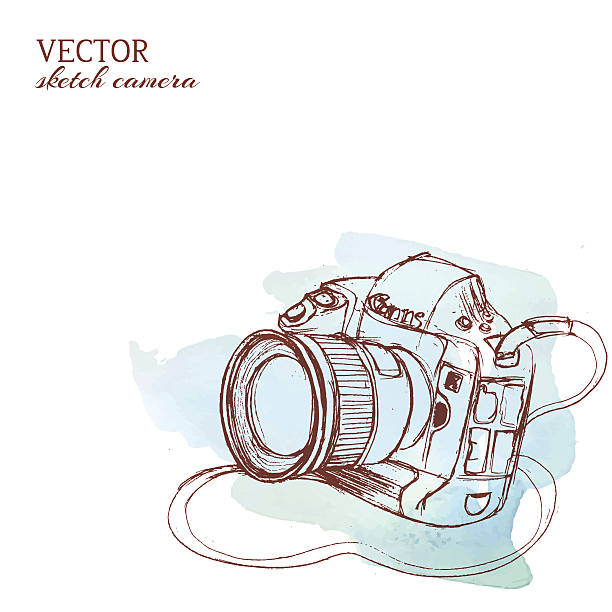 skizzenhafte vektor-kamera mit aquarell hintergrund - aquarell fotos stock-grafiken, -clipart, -cartoons und -symbole
