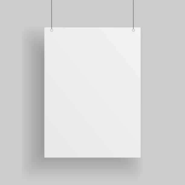 stockillustraties, clipart, cartoons en iconen met blank white paper page hanging against grey background - staalplaat