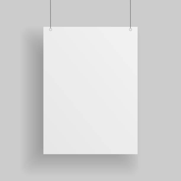 Blank white paper Page hanging against grey Background Blank white paper Page hanging against grey Background. Empty white vector paper Mockup hanging stock illustrations