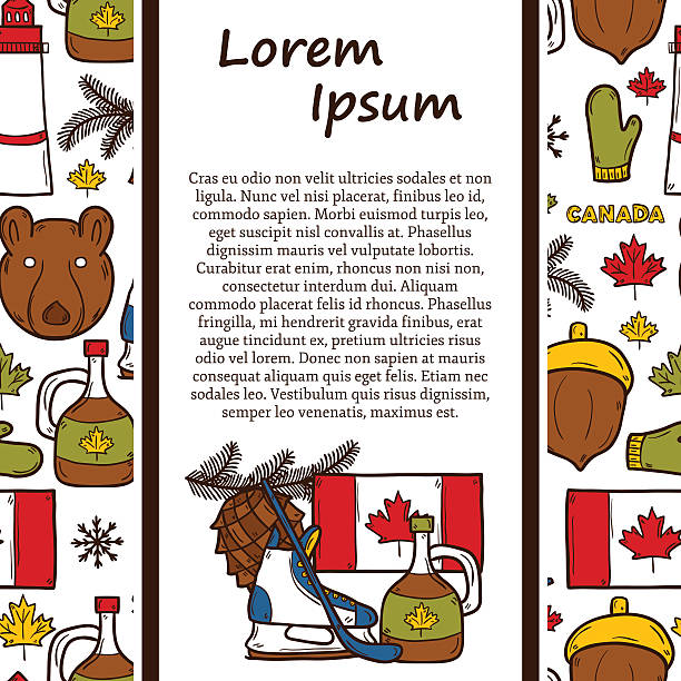 Vector travel north america concept with cartoon hand drawn objects Vector travel north america concept with cartoon hand drawn objects on Canada theme: maple syrup, hockey stick, puck, bear, horn for your design maple-syrup-label stock illustrations