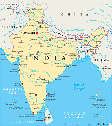 India political map with capital New Delhi, national borders, important cities, rivers and lakes. English labeling and scaling. Illustration.