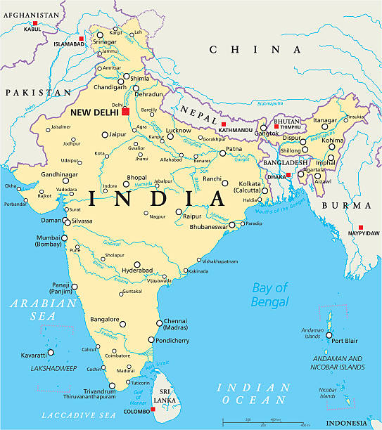 India Political Map India political map with capital New Delhi, national borders, important cities, rivers and lakes. English labeling and scaling. Illustration. bay of bengal stock illustrations