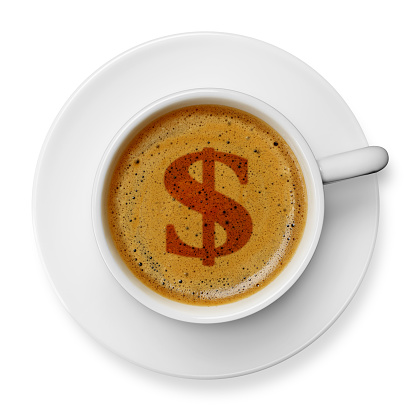 Dollar symbol on coffee cup, isolated on white