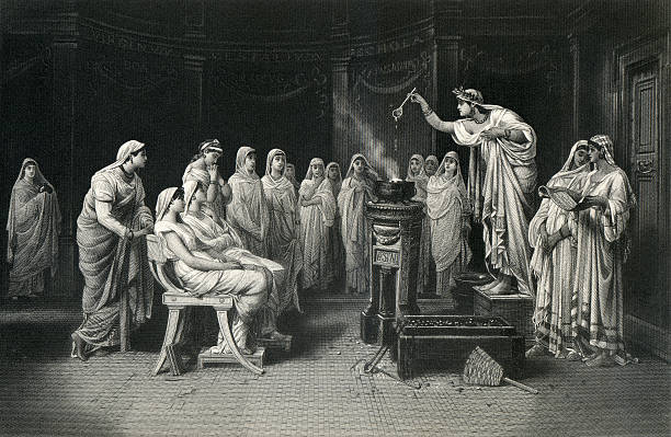 The School of the Vestal Virgins Published in 1880, the text accompanying this engraving read, in part, "The vestal virgins were girls chosen for a period of thirty years. In the first ten years they learned their duties, in the second ten they practiced them, and during the third they instructed the novices. Besides tending the sacred fire, the vestals offered sacrifice and poured on the altar libations of wind and oil." cloister stock illustrations