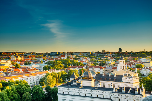 Sunset Sunrise Cityscape Of Vilnius, Lithuania In Summer. Beauti