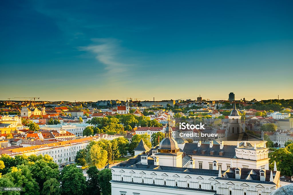 Sunset Sunrise Cityscape Of Vilnius, Lithuania In Summer. Beauti Sunset Sunrise Cityscape Of Vilnius, Lithuania In Summer. Beautiful Panoramic View Of Old Town In Evening. View From The Hill Of Upper Castle Vilnius Stock Photo