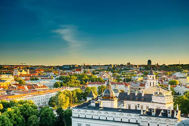 Sunset Sunrise Cityscape Of Vilnius, Lithuania In Summer. Beautiful Panoramic View Of Old Town In Evening. View From The Hill Of Upper Castle