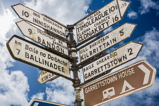 Close up of Hospital and City Centre road sign in Ireland