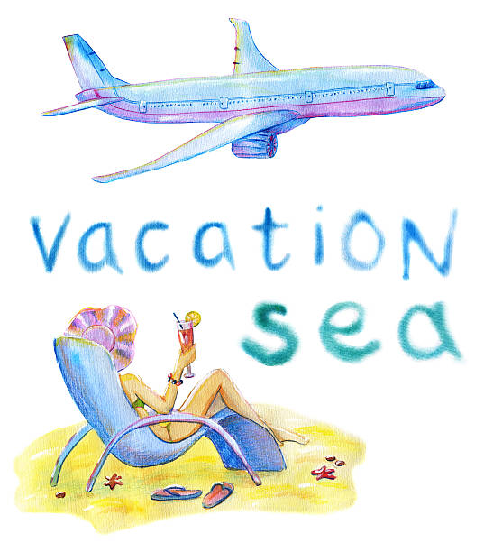 ilustrações, clipart, desenhos animados e ícones de conjunto com mulher e avião no lounge - chair beach chaise longue isolated