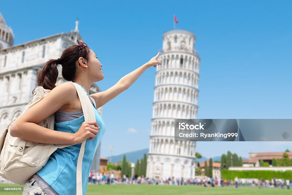 Happy woman travel in Italy Happy woman travel in Italy, Leaning Tower of Pisa Leaning Tower of Pisa Stock Photo