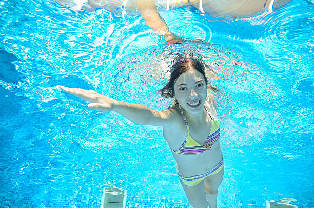 istock Happy child swims in pool underwater, active kid swimming 484149342