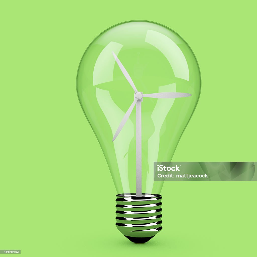 Lightbulb with a wind turbine inside A 3d render of a glass lightbulb. The lightbulb is standing upright on a plain green background. Inside the bulb is a wind turbine 2015 Stock Photo