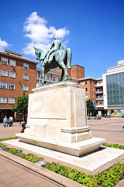 Lady Godiva statue, Coventry. Coventry, United Kingdom - June 4, 2015: Lady Godiva Statue at Broadgate in the city centre with tourists and shoppers to the rear, Coventry, West Midlands, England, UK, Western Europe. coventry godiva stock pictures, royalty-free photos & images