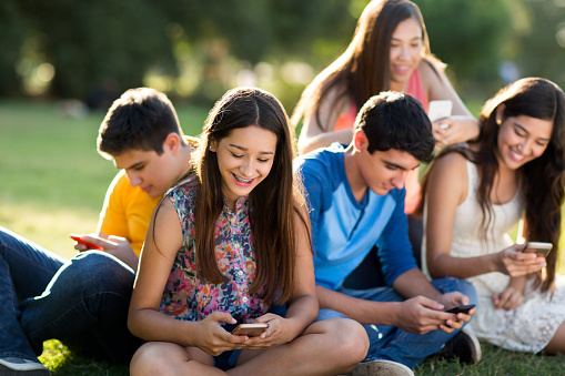 Group of teenagers using smartphones in park