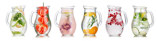 Detox water collection Collection of different detox water (infused water) in a glass pitchers. infused water stock pictures, royalty-free photos & images