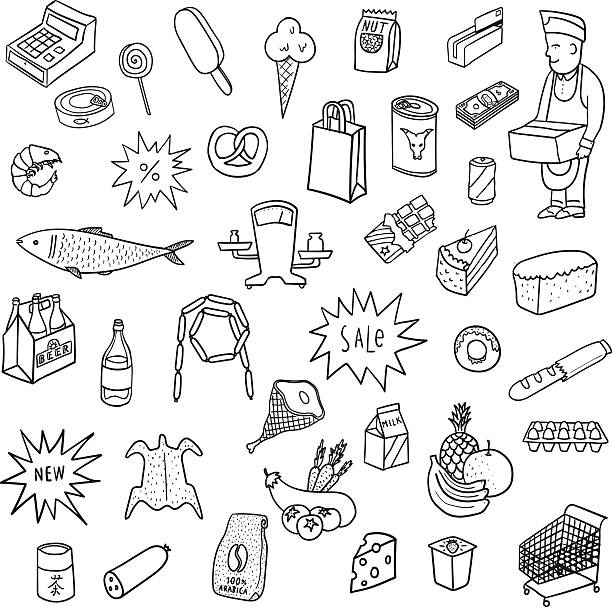 hand gezeichnete sammlung von supermarkt-symbole. speisen, getränke, backwaren. - southern california supermarket household equipment meat stock-grafiken, -clipart, -cartoons und -symbole