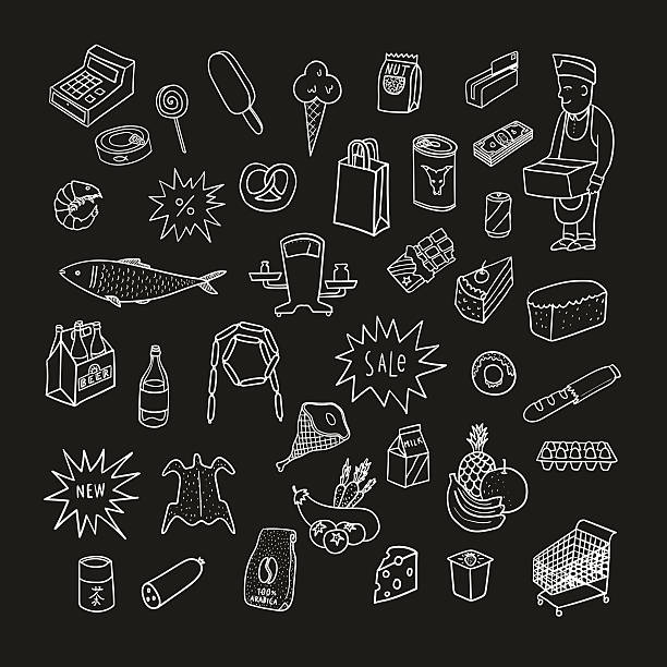 hand gezeichnete sammlung von supermarkt-symbole. speisen, getränke, backwaren. tafel. - southern california supermarket household equipment meat stock-grafiken, -clipart, -cartoons und -symbole