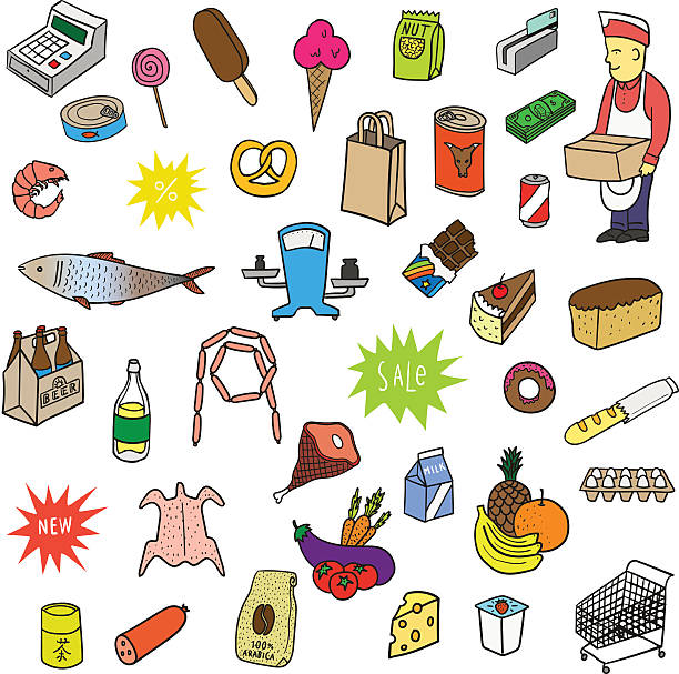 ilustraciones, imágenes clip art, dibujos animados e iconos de stock de colección dibujados a mano de supermercado símbolos. alimentos, bebidas, bakery. - meat supermarket household equipment southern california