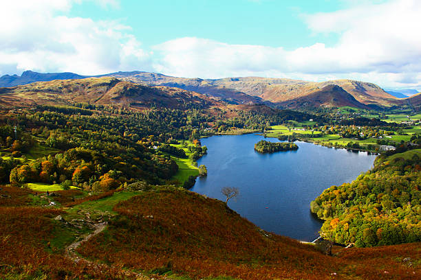 Aerial view of Grasmere from the slopes of Loughrigg fell stock photo