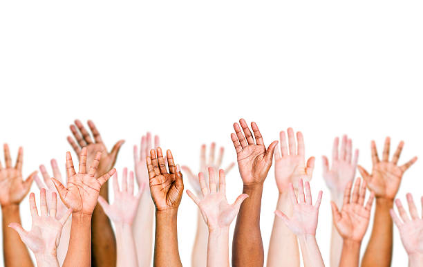 istock Group Of Multi-Ethnic People's Arms Outstretched In A White Background. 484164559