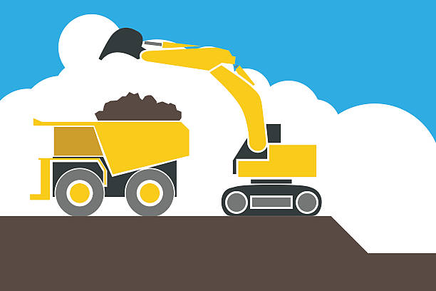 Backhoe loader excavator machine loading dumper truck, vector Backhoe loader excavator machine loading dumper truck, sand and soil, vector tipper truck unload gravel stock illustrations