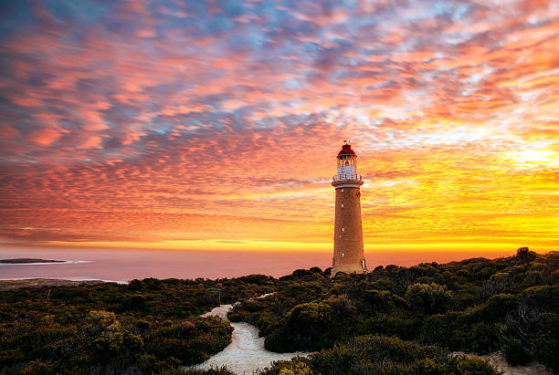 Fire In The Sky Cape Du Couedic Lighthouse at Sunset, Kangaroo Island South Australia south australia photos stock pictures, royalty-free photos & images