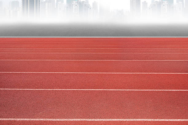 istock Running track with gray city skyline 484167606
