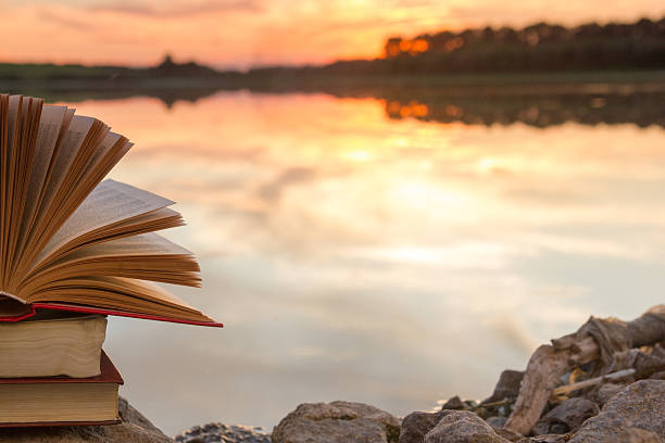 istock Stack of hardback book, Open  book on blurred nature landscape 484169398