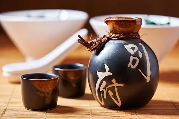 Japanese Sake set from a bottle and two shot glasses