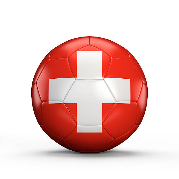 Switzerland national football team. National Flag on green grass and soccer ball. Football wallpaper for Championship and Tournament in 2022. World international match.