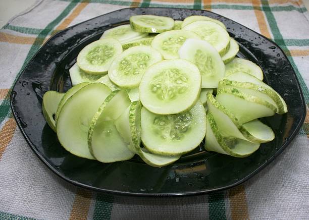Cucumber sliced with fresh herbs on a plate