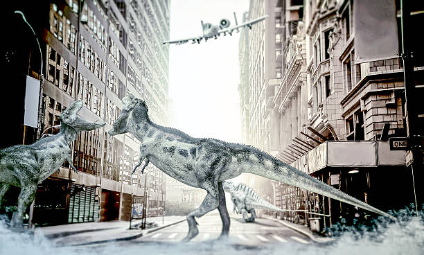istock dinosaurs fighting in the city center 484187716