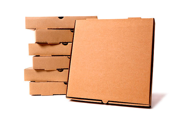 Stack of brown pizza boxes with display box stock photo