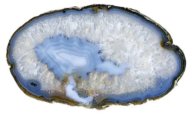 Thin slice of blue agate geodes with concentric layers