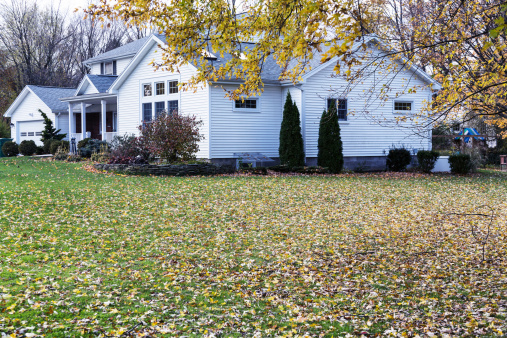 A suburban neighborhood colonial style home is surrounded by a large lawn covered with colorful late autumn fallen leaves and a large number of broken, scattered branches and twigs from the trees in the foreground.