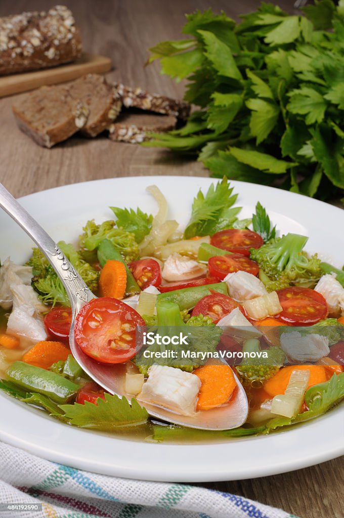 Vegetable soup with chicken Vegetable soup with chicken, green beans, broccoli 2015 Stock Photo