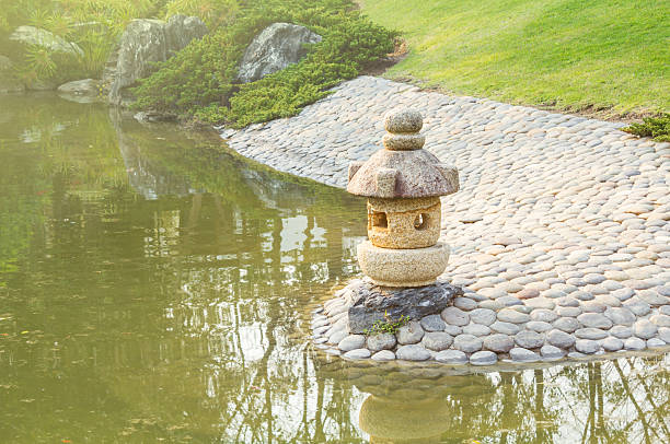 There is a clay pot in the garden pond